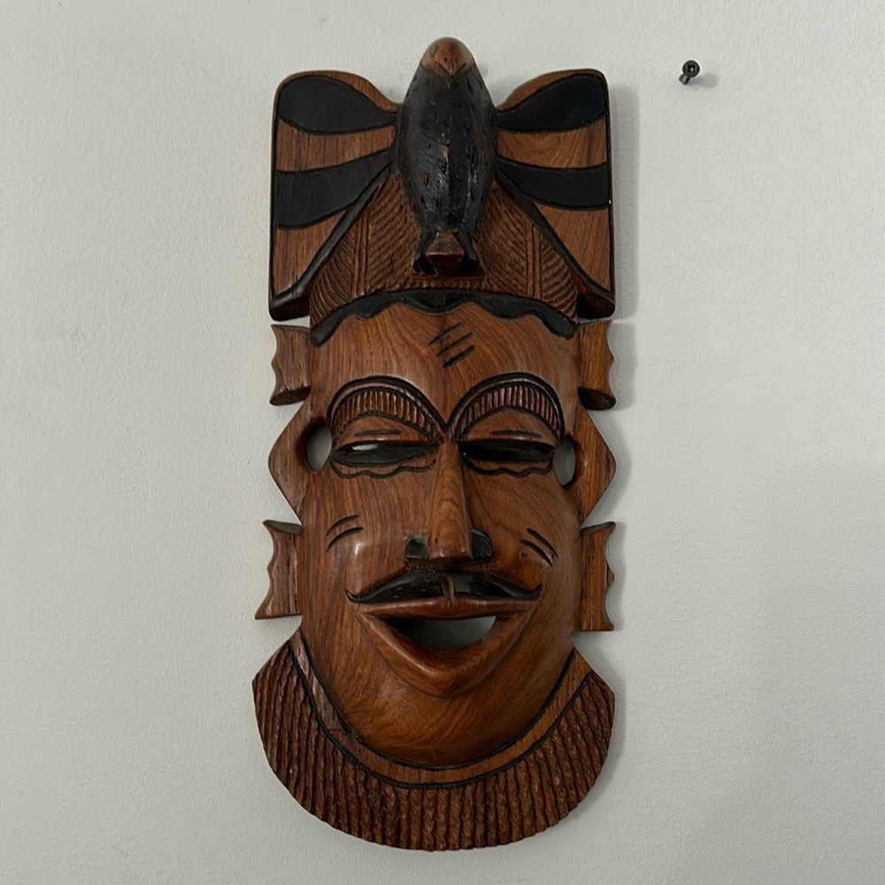 African Tribal Mask Wood Hand Carved Vintage Wall Hanging 14" tall w Eagle